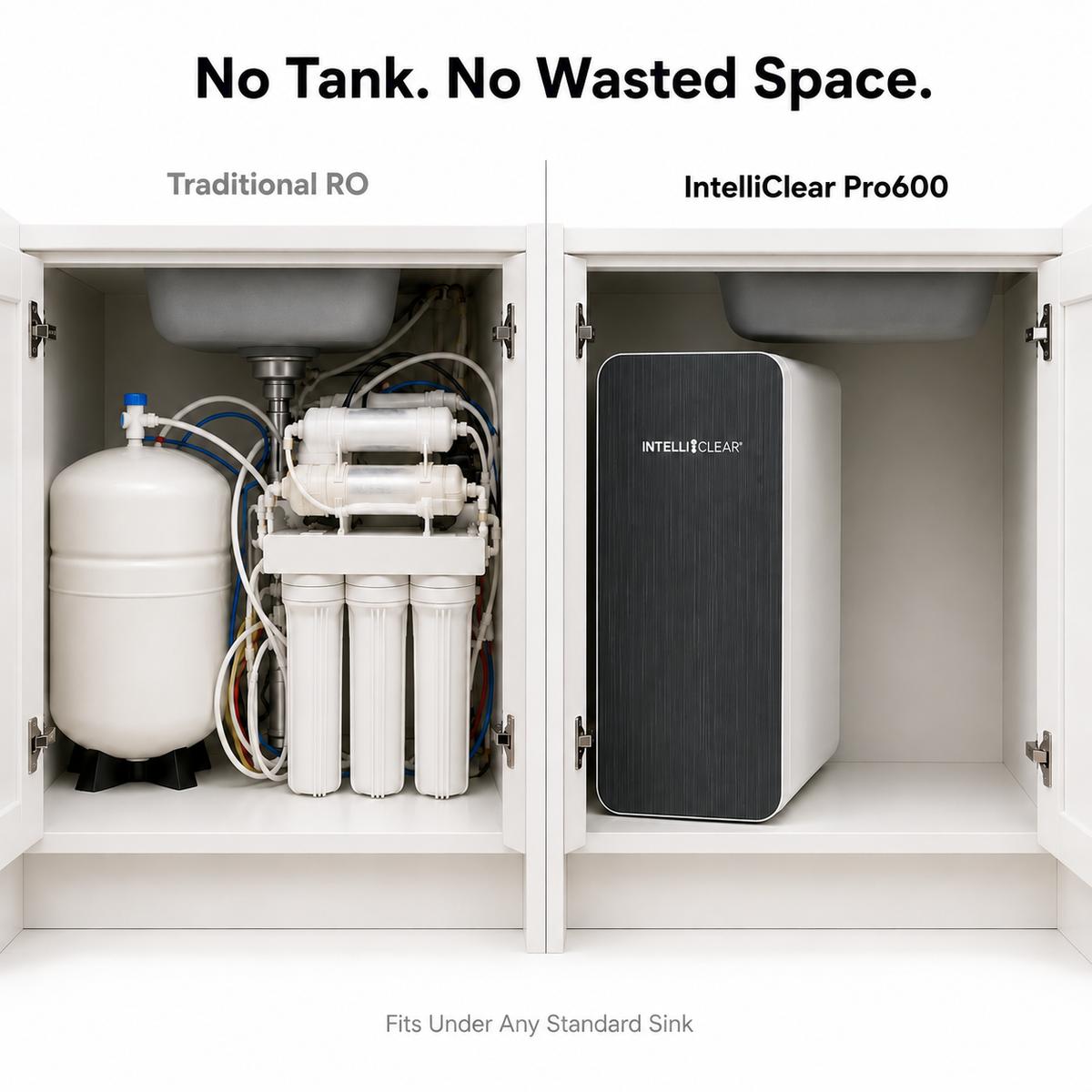 Under-sink comparison of a traditional tank RO system and the IntelliClear® Pro600