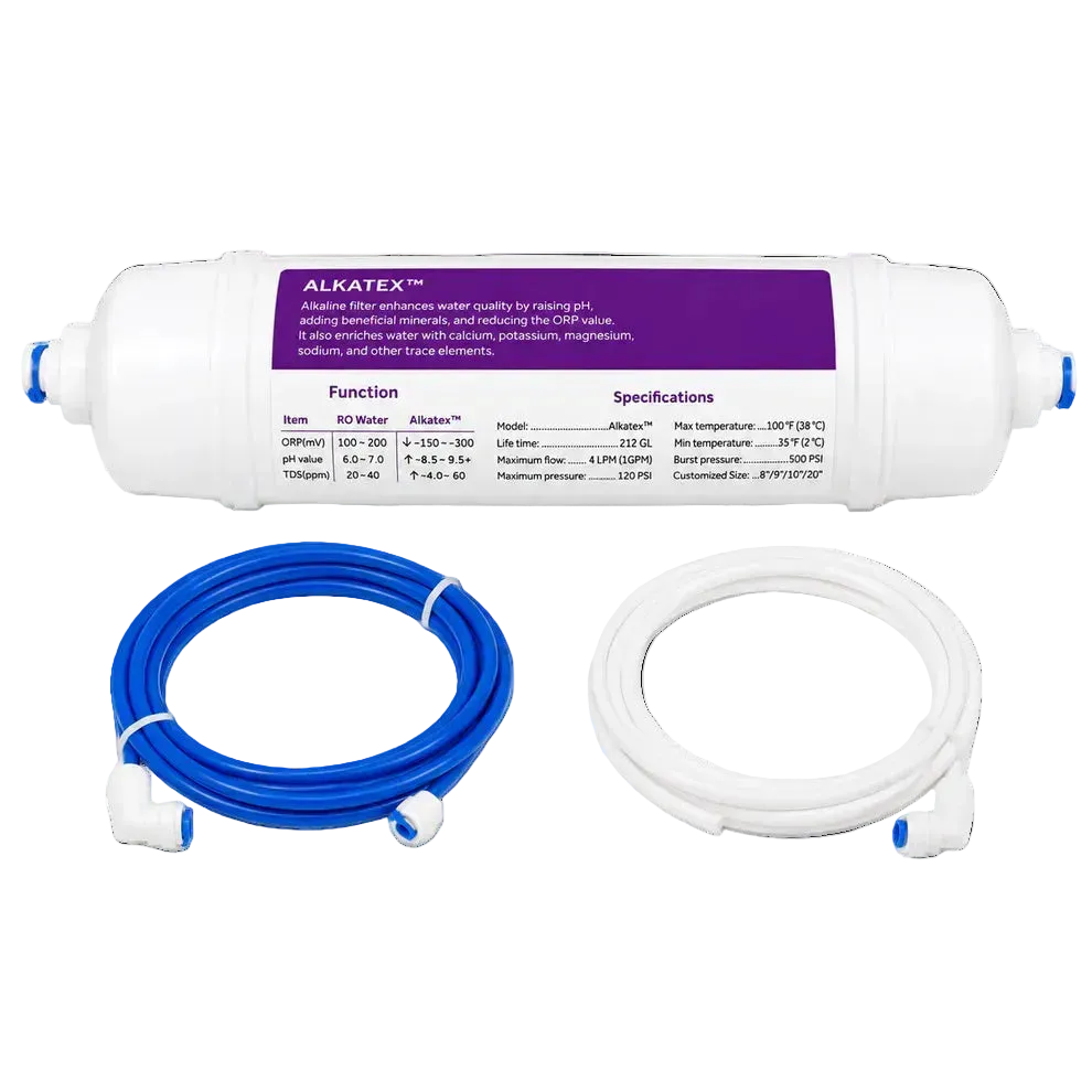 Alkatrex inline alkaline filter with blue and white connection tubing
