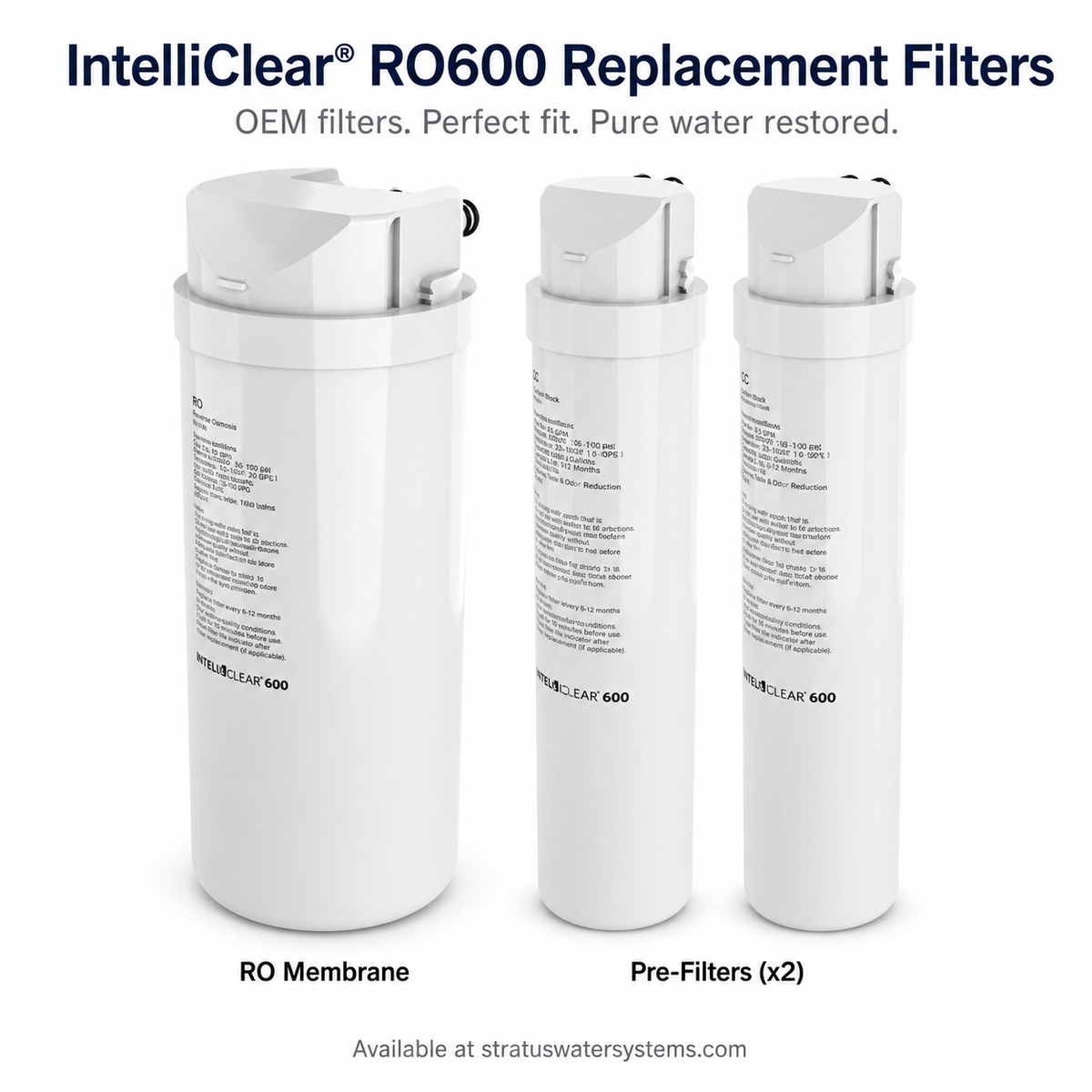 Three IntelliClear RO600 replacement filters on a white background