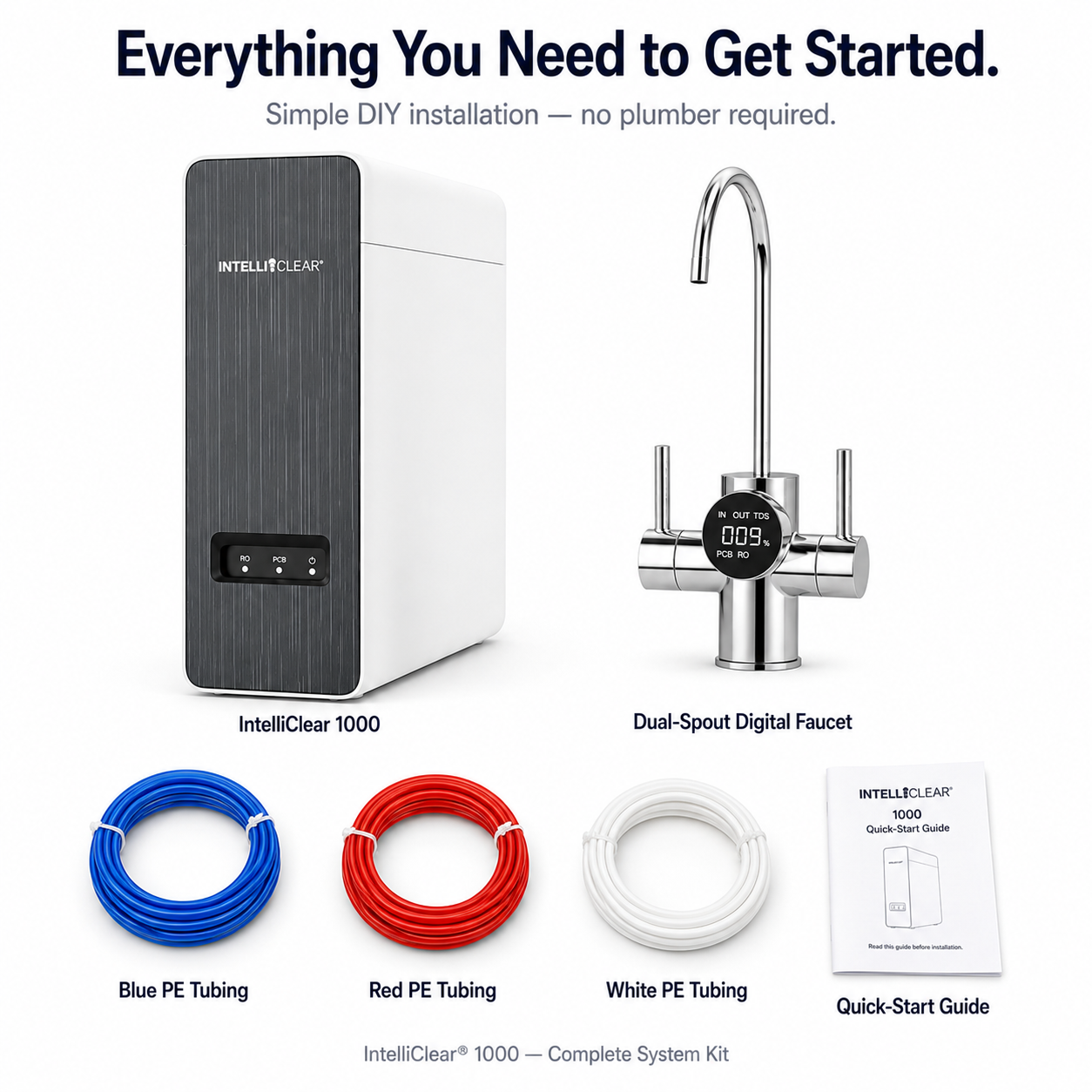 IntelliClear 1000 water filtration system with dual-spout digital faucet, tubing, and quick-start guide on a white background.