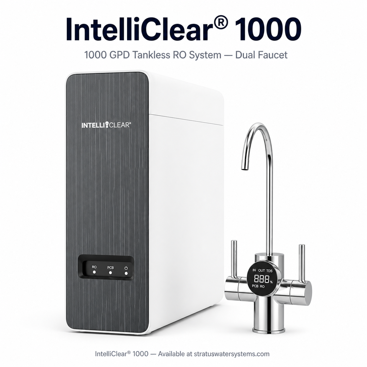 IntelliClear 1000 water filtration system with dual faucet on a white background