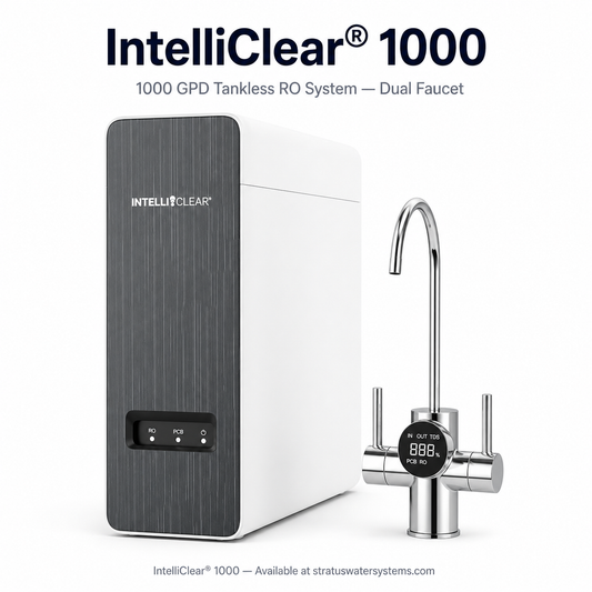 IntelliClear 1000 water filtration system with dual faucet on a white background