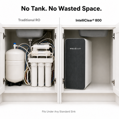 Comparison of traditional RO system and IntelliClear 800 under a kitchen sink.
