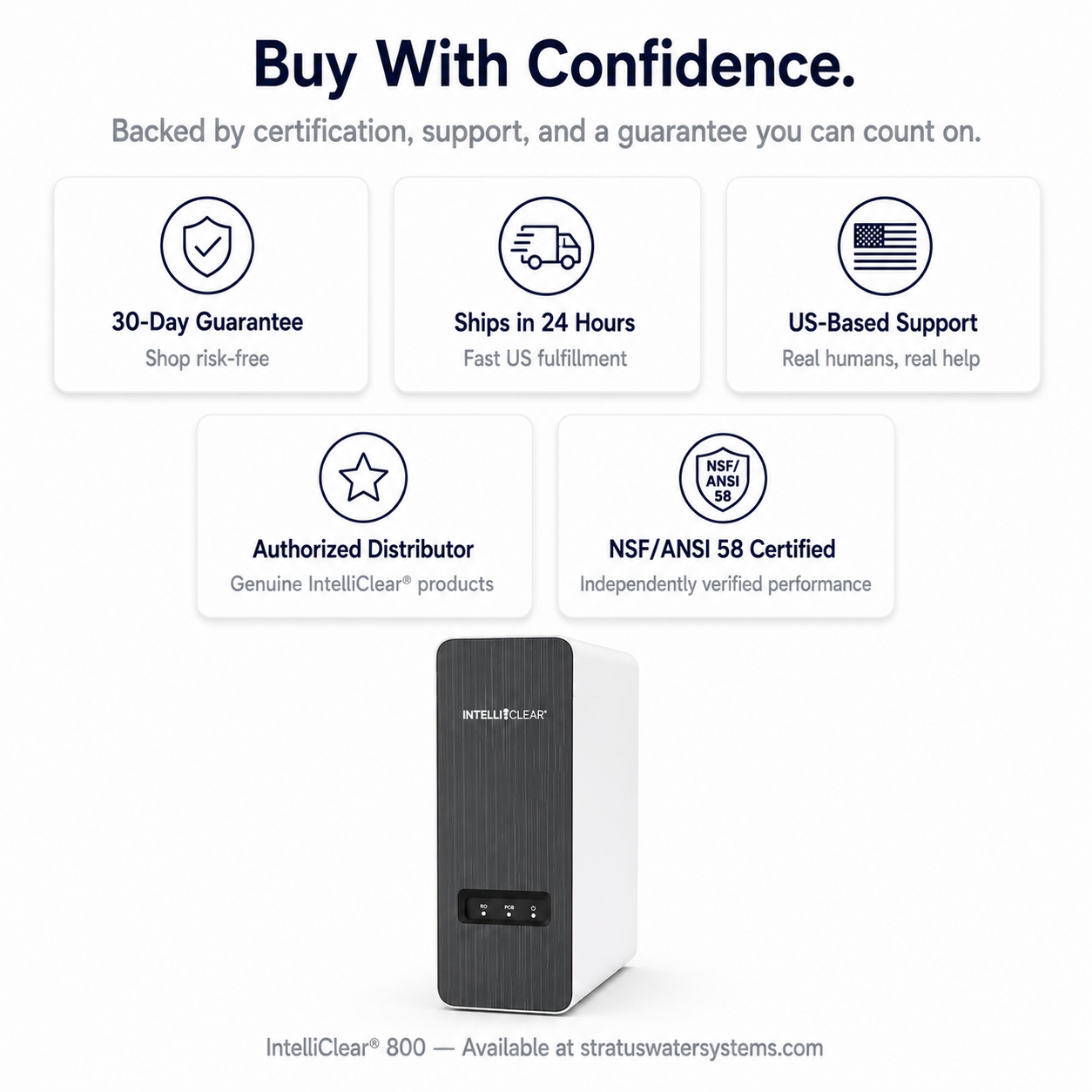 IntelliClear 800 water filter with certification and support icons on a white background