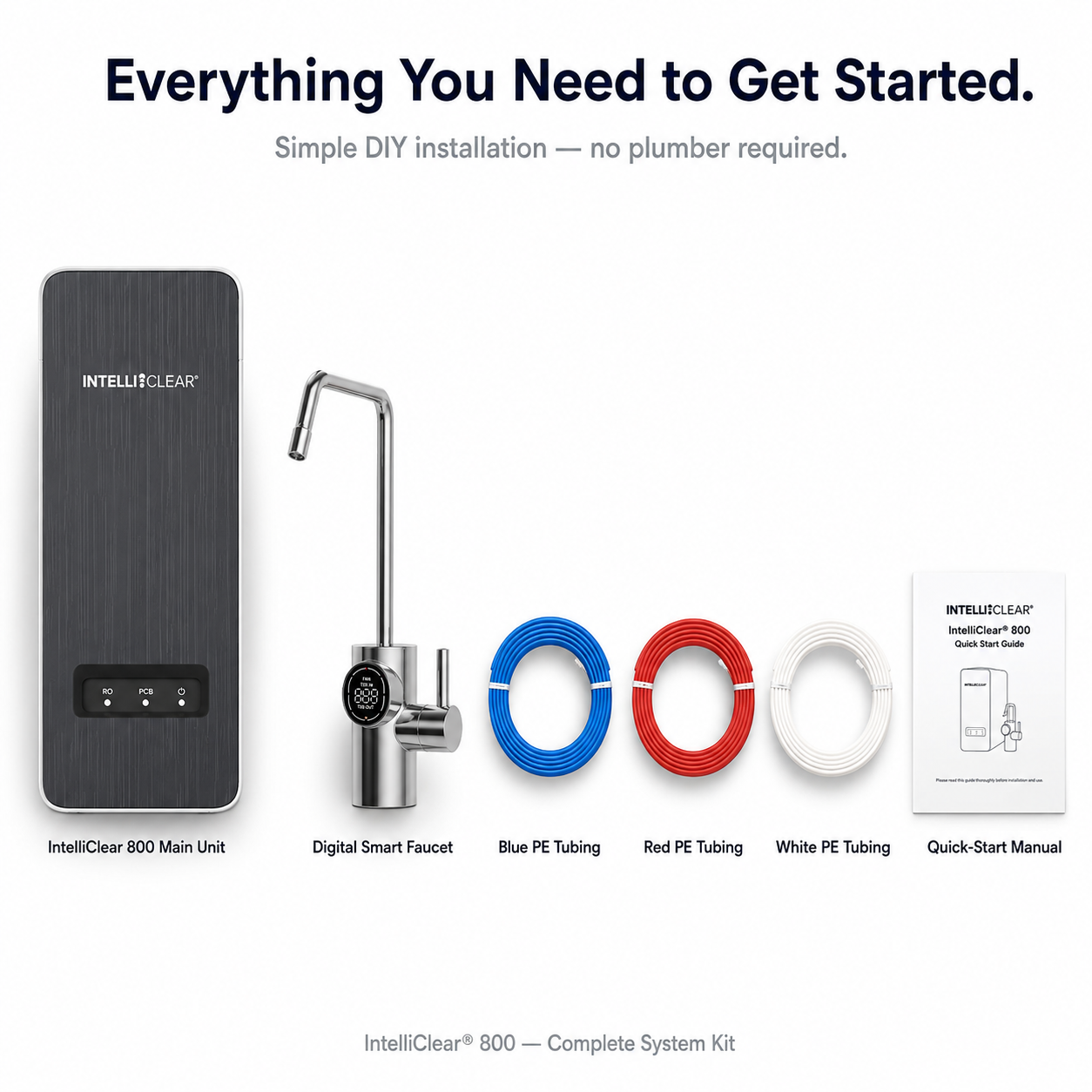 IntelliClear 800 water filtration system components on a white background