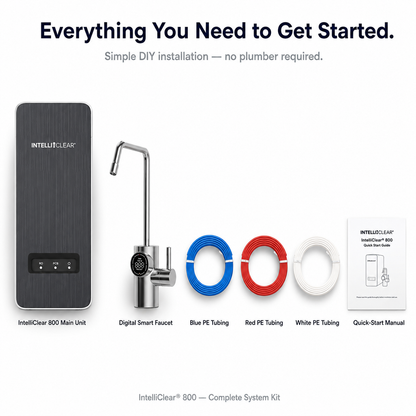 IntelliClear 800 water filtration system components on a white background