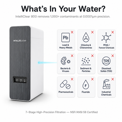 IntelliClear 800 water filtration system with icons and text highlighting contaminants removed.