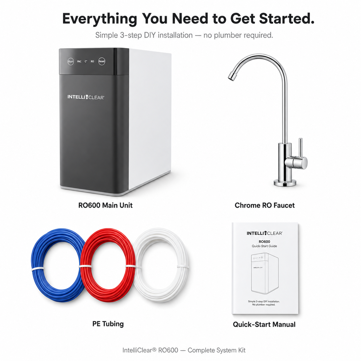 IntelliClear RO600 water filtration system kit with main unit, faucet, tubing, and manual on a white background.
