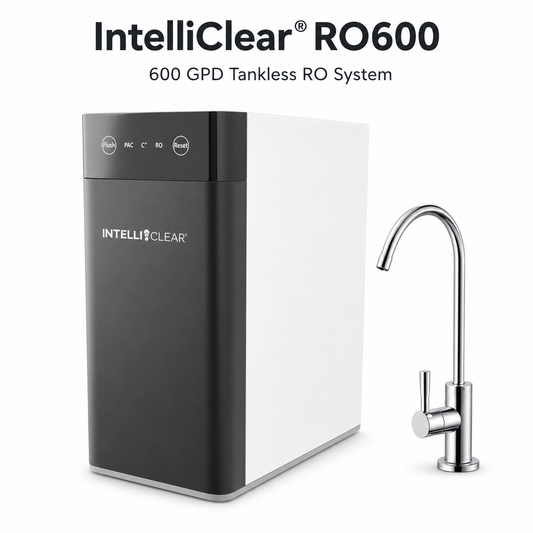 IntelliClear RO600 water filtration system with a faucet on a white background