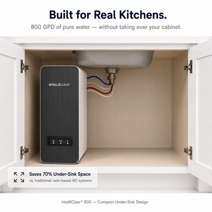 IntelliClear water filtration system under a kitchen sink with text highlighting features.