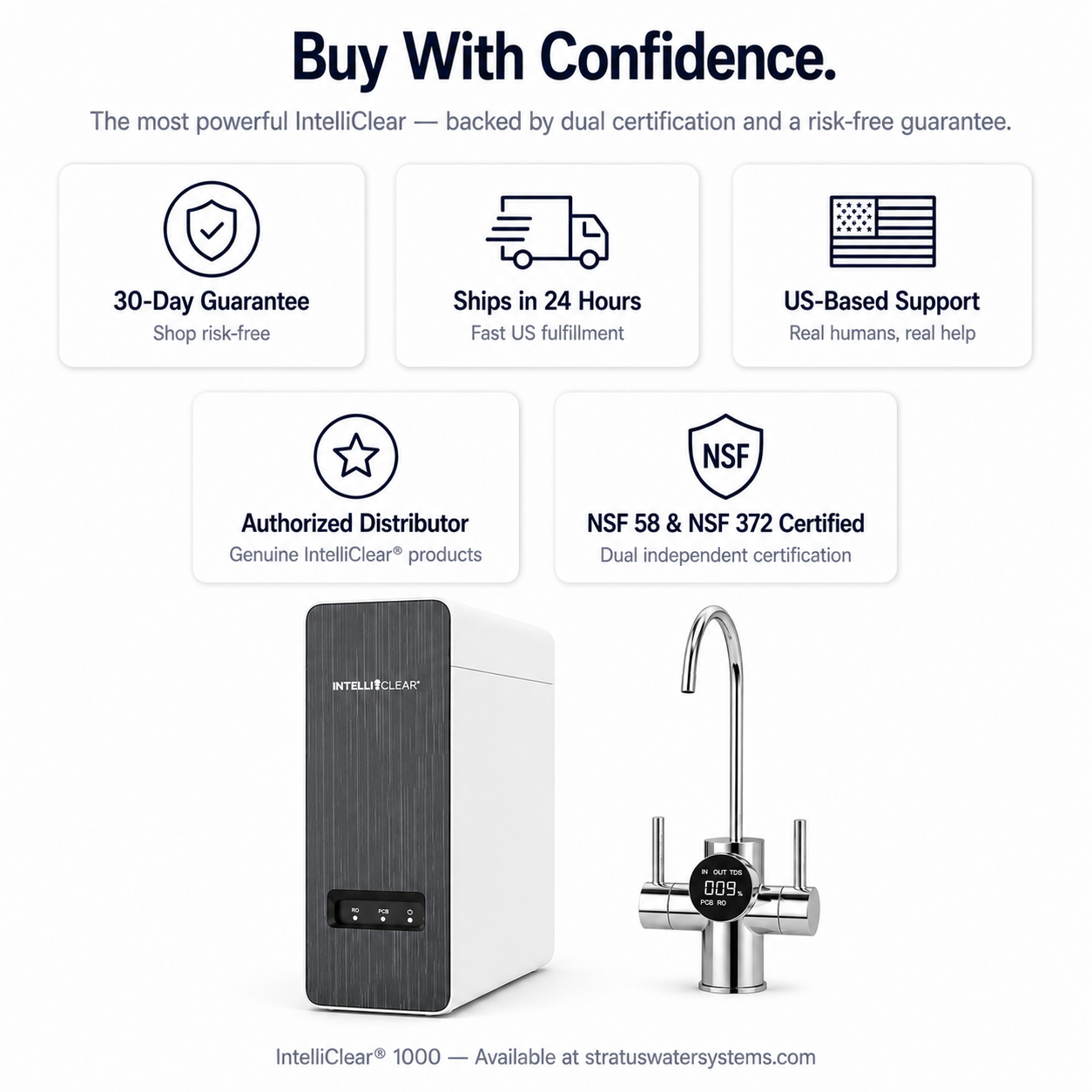 IntelliClear water filtration system with certification logos and product images on a white background.