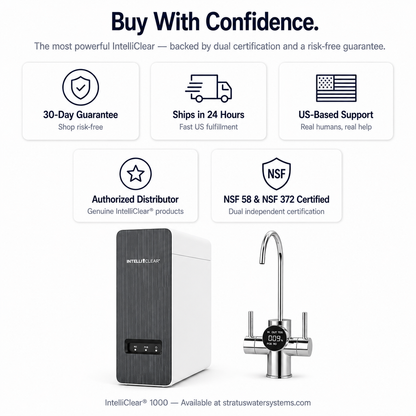 IntelliClear water filtration system with certification logos and product images on a white background.