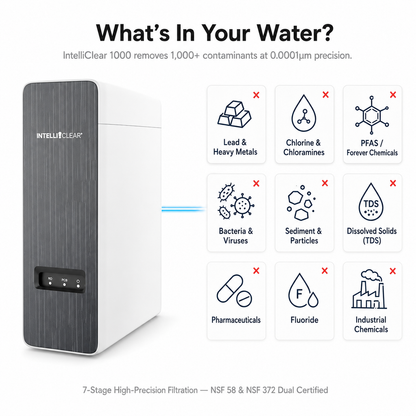 IntelliClear water filtration system with features listed on a white background