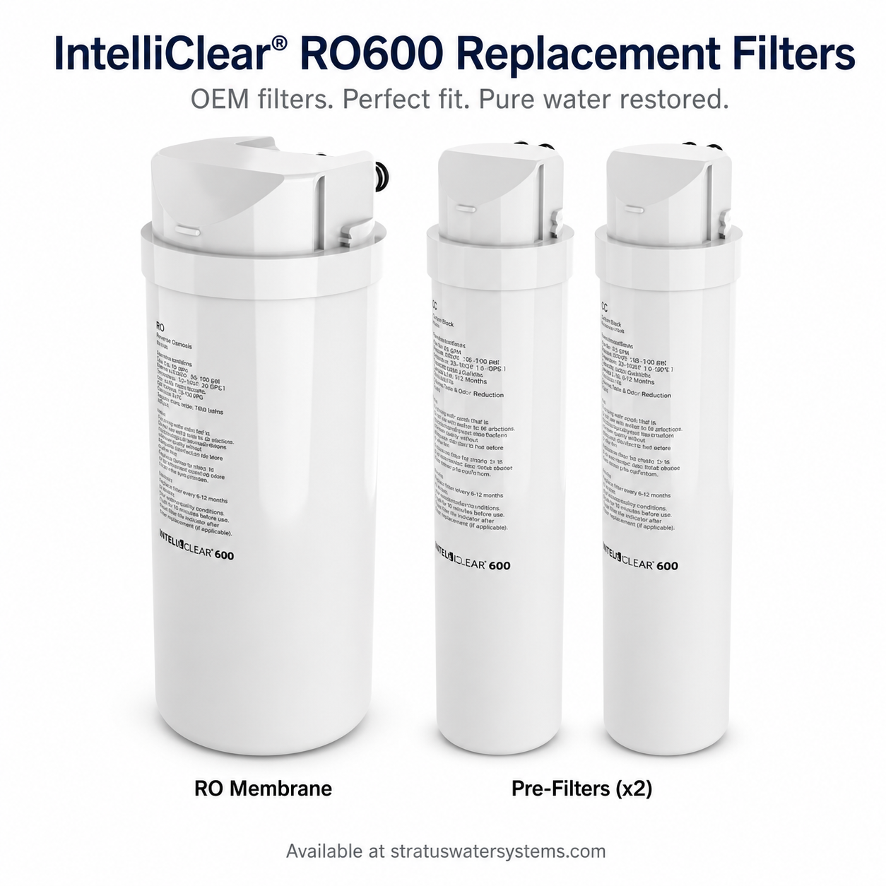 Three IntelliClear RO600 replacement filters on a white background