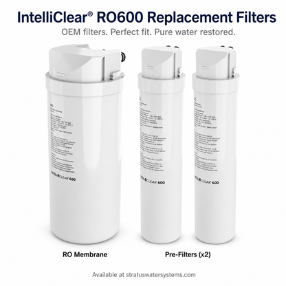 Three IntelliClear RO600 replacement filters on a white background