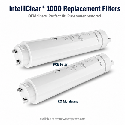 Two IntelliClear 1000 replacement filters on a white background with text about their use.