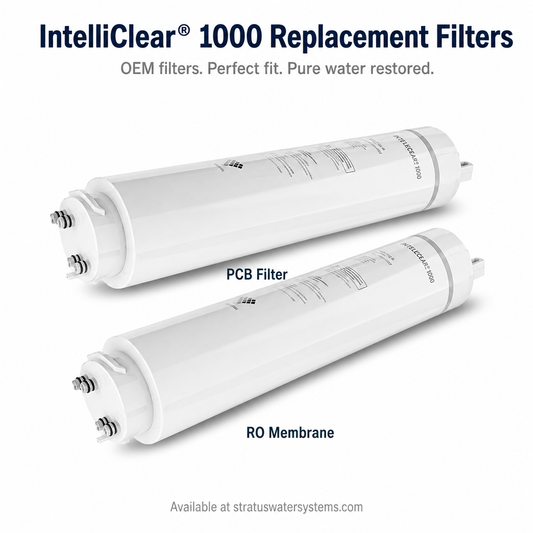 Two IntelliClear 1000 replacement filters on a white background with text about their use.