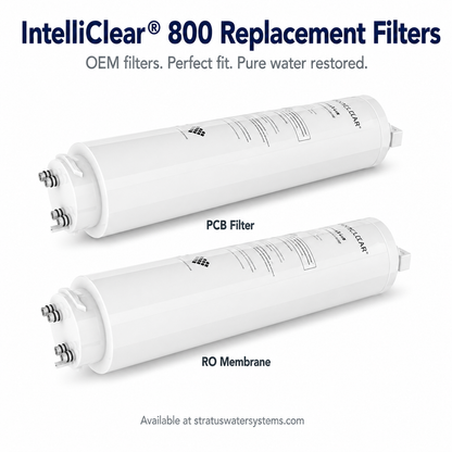 Two IntelliClear 800 replacement filters on a white background with text about their use.