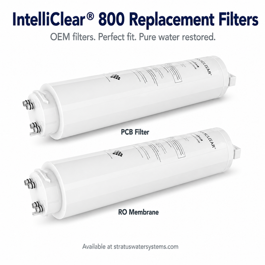 Two IntelliClear 800 replacement filters on a white background with text about their use.