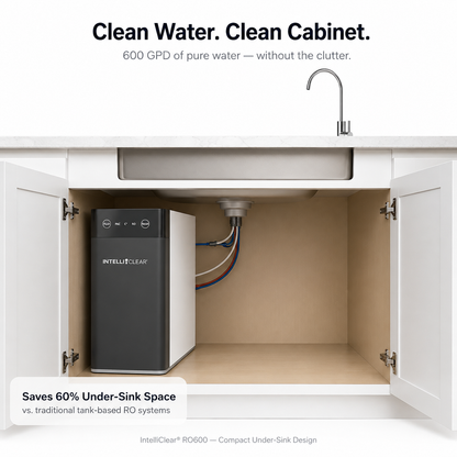 Under-sink water filtration system with text highlighting benefits on a white background