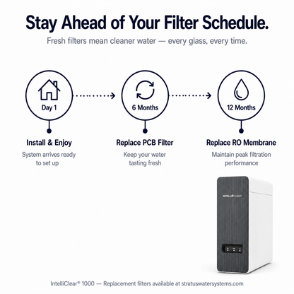 Water filtration system with filter replacement schedule on a white background