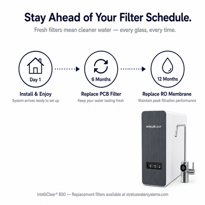 Water filtration system with replacement filter schedule on a white background